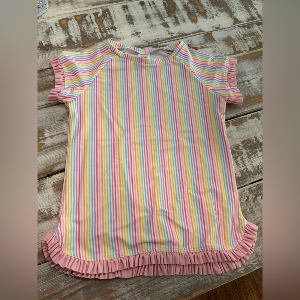 Girls Ruffle Butts Pastel Rainbow Stripe Rashguard Swim Top, Pink Ruffles Size 8
